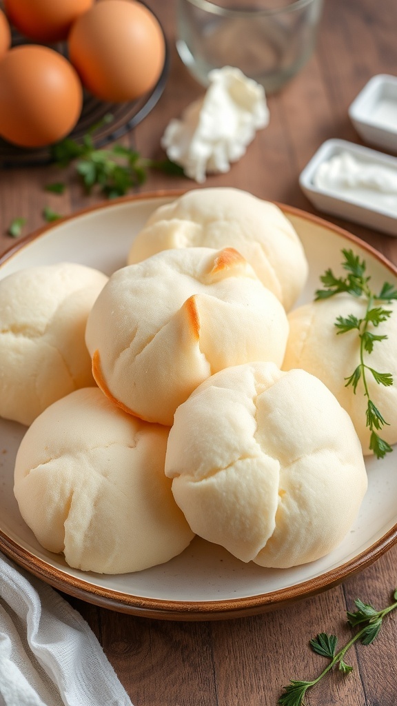 Microwave Cloud Bread Recipe Fluffy cloud bread on a plate, golden and airy, with fresh herbs in a rustic kitchen.